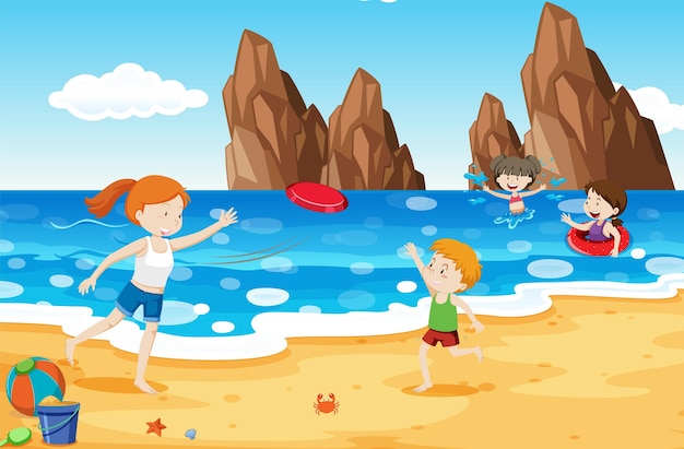 Vector gratuito niños jugando en la playa en verano