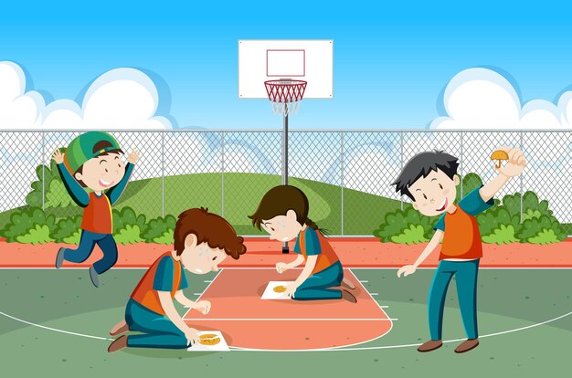 Niños jugando a rascar la galleta dalgona en el parque