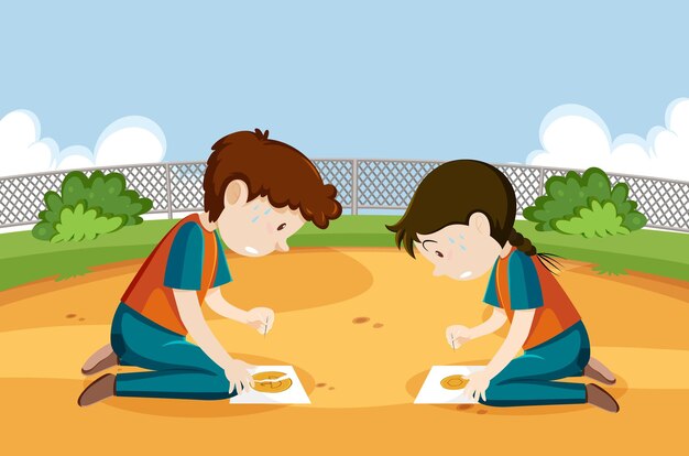 Niños jugando a rascar la galleta dalgona en el parque