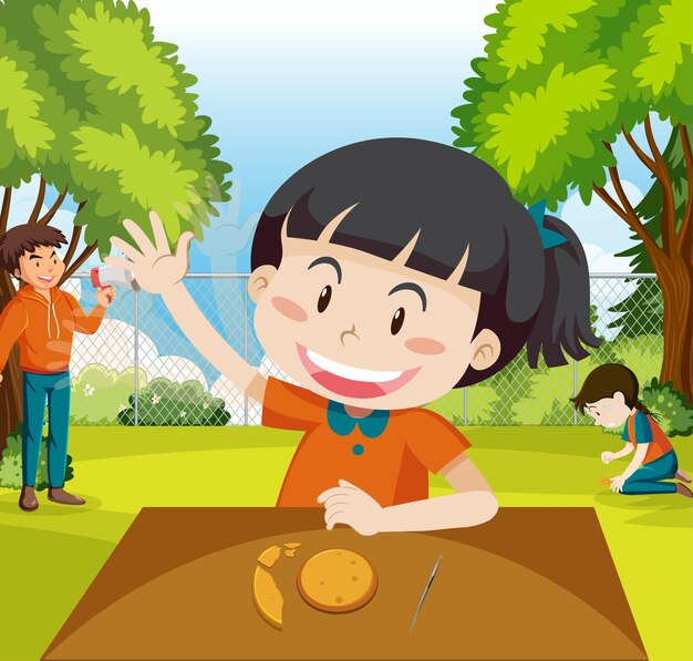 Niños jugando a rascar la galleta dalgona en el parque