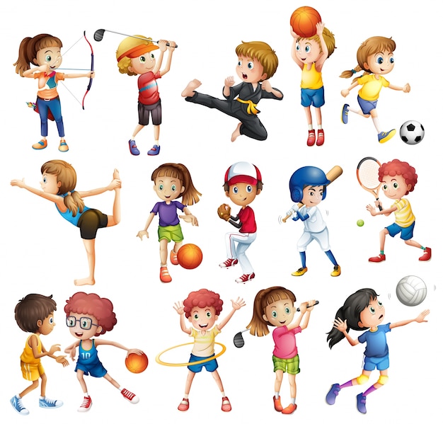 Vector gratuito niños jugando varios deportes en blanco