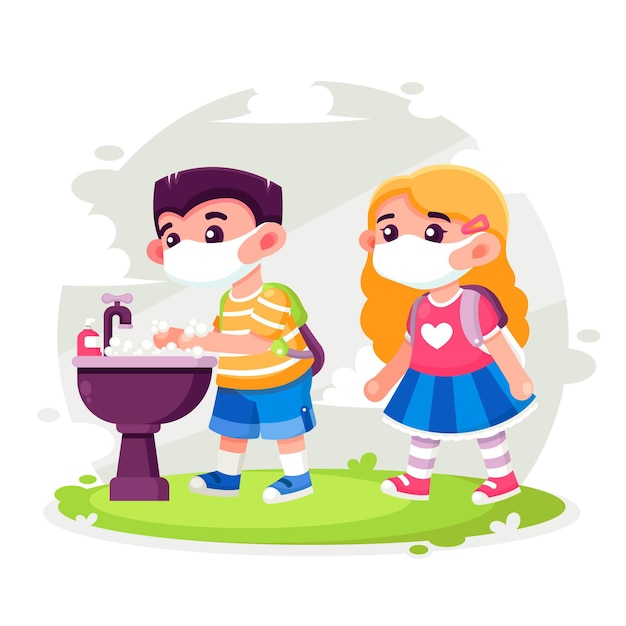 Niños lavándose las manos en la escuela. | Vector Gratis Niños lavándose las manos en la escuela. | Vector Gratis