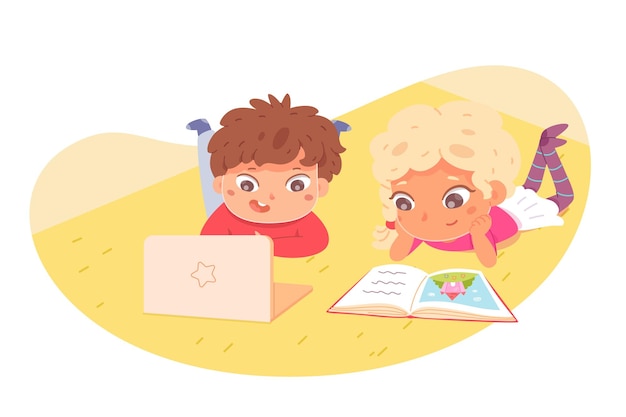 Vector gratuito niños leyendo libros y mirando la computadora en casa niños inteligentes felices aprendiendo actividades niña con libro de imágenes y niño acostado con la computadora portátil juntos en el interior