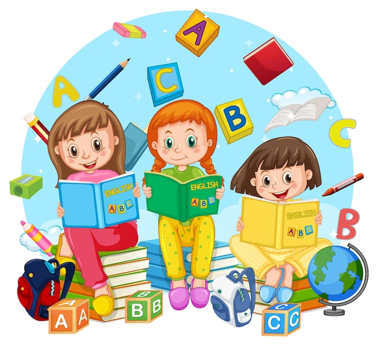 Vector gratuito niños leyendo libros sobre fondo blanco.
