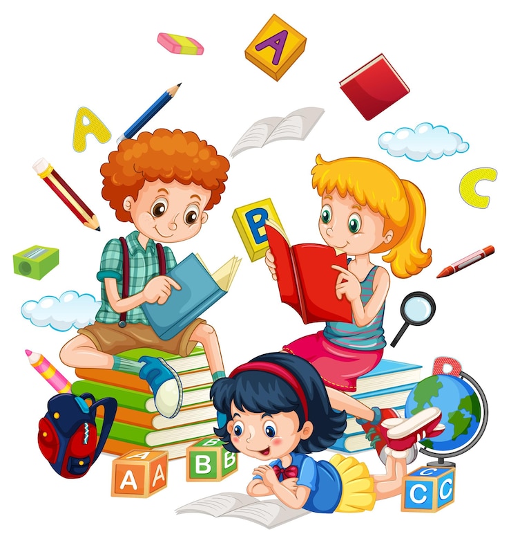 Vector gratuito niños leyendo libros sobre fondo blanco.