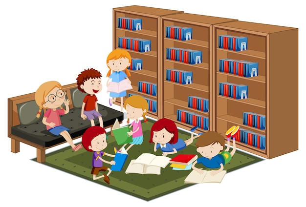 Vector gratuito niños leyendo reserva en biblioteca aislada