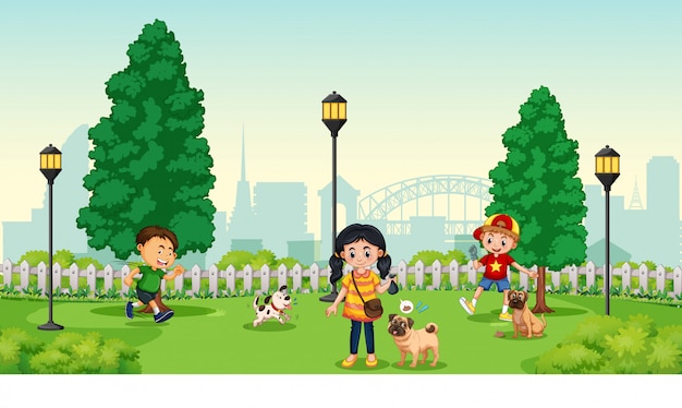 Vector gratuito niños con mascota en el parque.