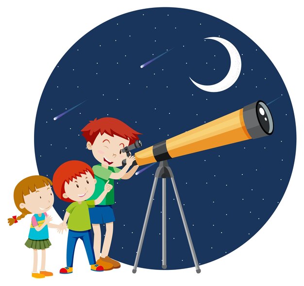 Niños mirando a través del telescopio por la noche