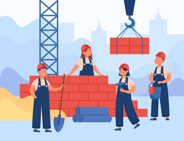 Niños en monos y cascos construyendo casa. Feliz constructores masculinos y femeninos colocando ladrillos usando herramientas de construcción ilustración vectorial plana