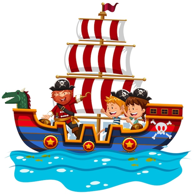 Vector gratuito niños montados en barco vikingo en el mar.