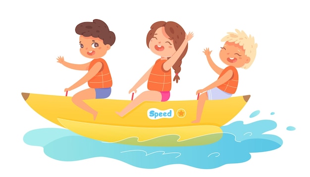 Vector gratuito niños montando banana boat en el agua en vacaciones niños y niñas divirtiéndose en equipos inflables niños pasando vacaciones en la playa sobre fondo blanco