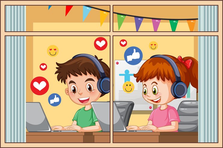 Vector gratuito niños navegando en las redes sociales en una computadora portátil en casa
