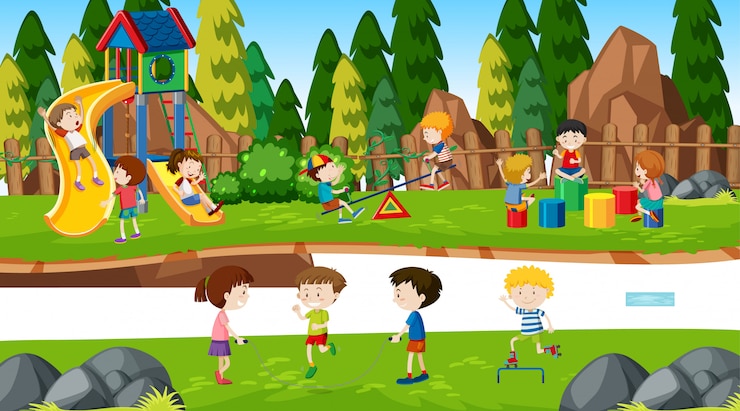 Vector gratuito niños y niñas activos que practican deportes y actividades divertidas al aire libre