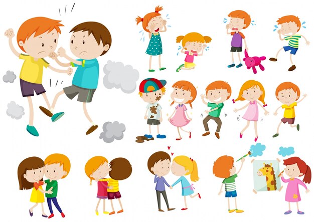 Niños y niñas en diferentes acciones ilustración