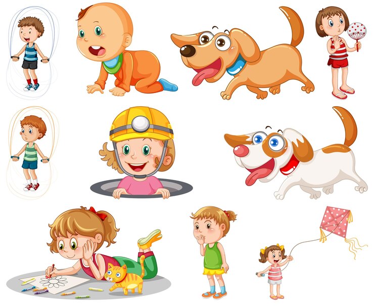 Vector gratuito niños y niñas en diferentes acciones