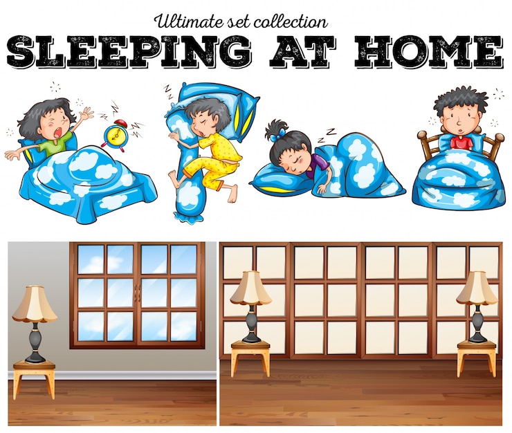 Vector gratuito niños y niñas durmiendo en la cama ilustración