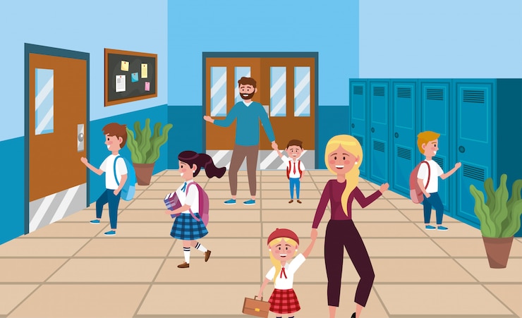 Vector gratuito niños y niñas estudiantes con casillero y madre con padre.