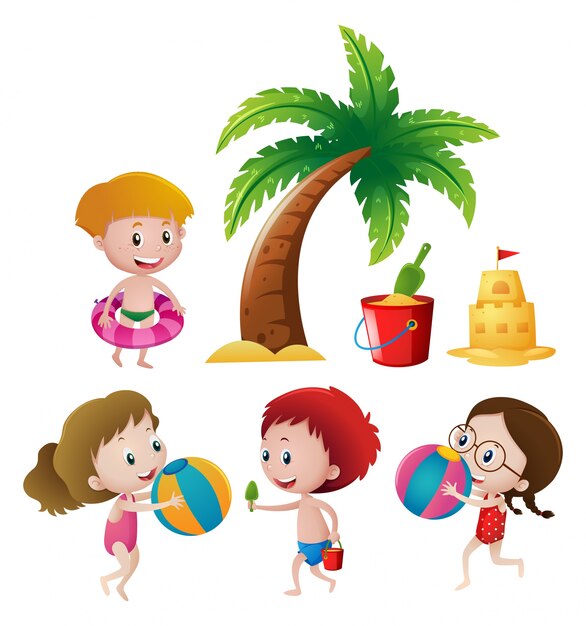 Niños y niñas jugando en la playa
