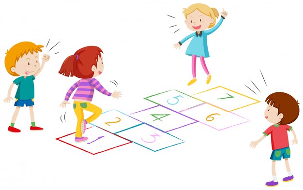 Niños y niñas jugando a la rayuela