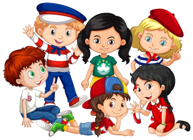 Vector gratuito niños y niñas juntos en grupo sobre fondo blanco.