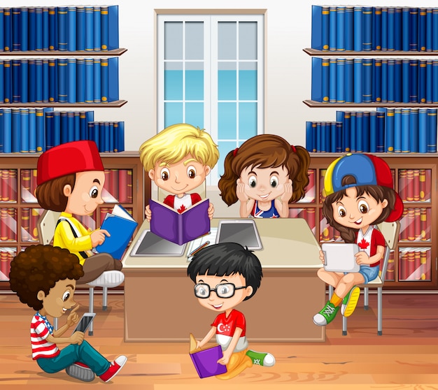 Niños y niñas leyendo en la biblioteca