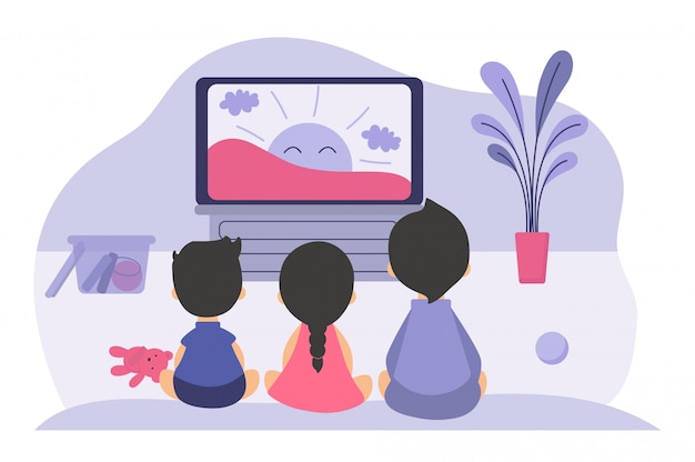 Vector gratuito niños y niñas sentados en la pantalla del televisor