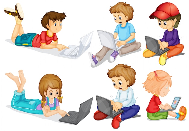 Vector gratuito niños y niñas en sus computadoras personales