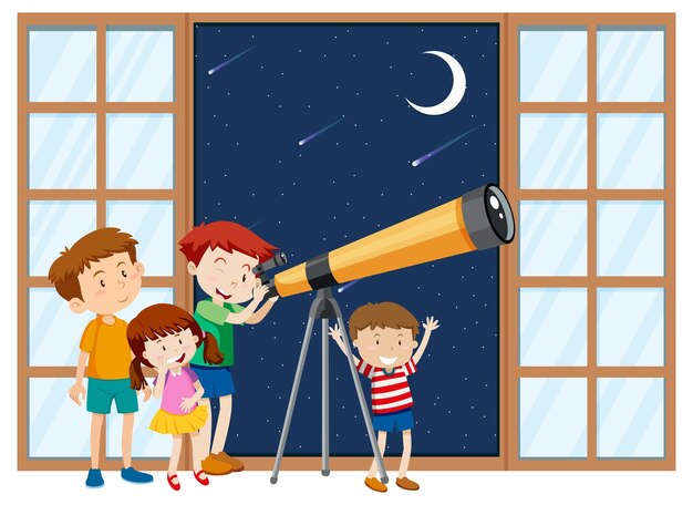 Los niños observan el cielo nocturno con telescopio