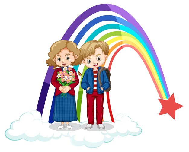 Niños de la pareja de pie en la nube con arco iris