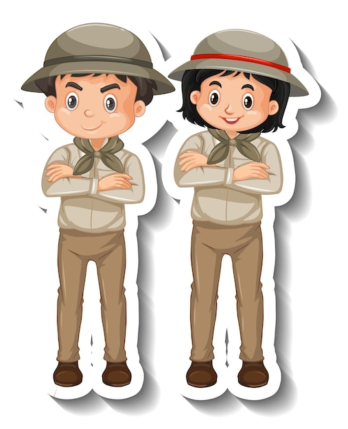 Vector gratuito los niños de la pareja usan el personaje de dibujos animados del traje de safari pegatina