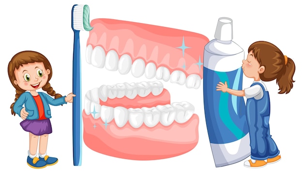 Vector gratuito niños con pasta de dientes y cepillo de dientes con dientes blanqueados