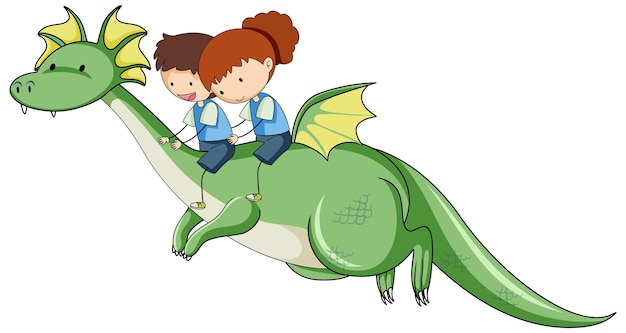 Niños pequeños montando un personaje de dibujos animados de dragón