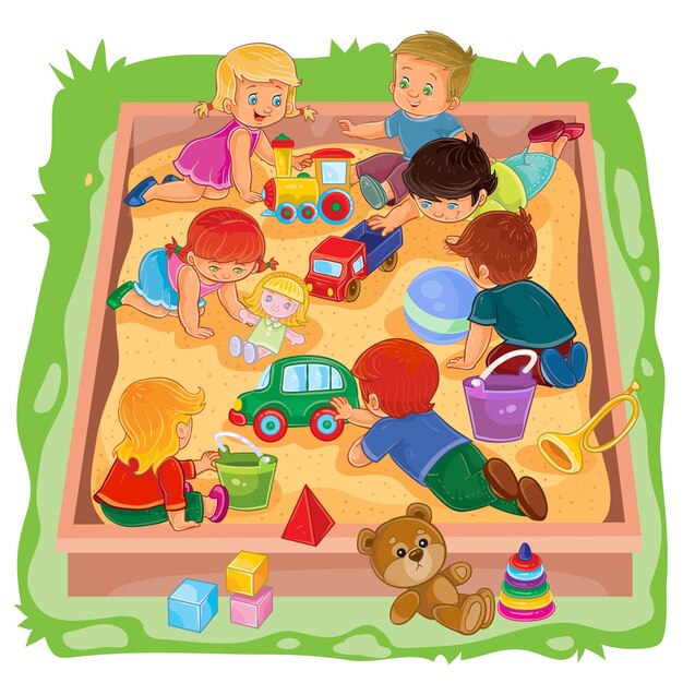 Los niños pequeños y las niñas sentados en la caja de arena, jugar sus juguetes