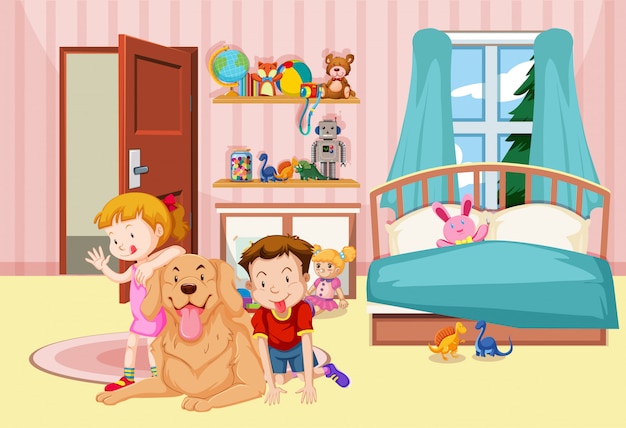 Niños y perro mascota en el dormitorio