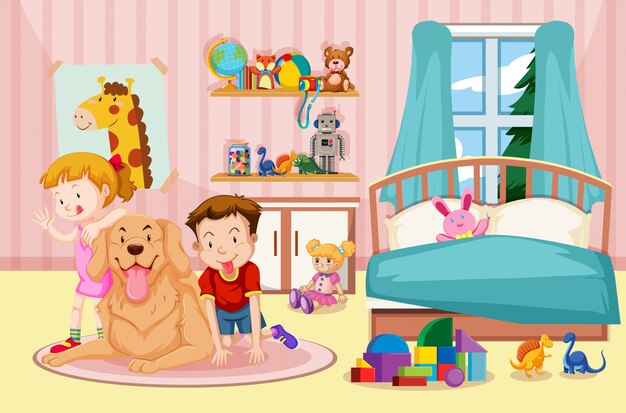 Niños y perro mascota en el dormitorio