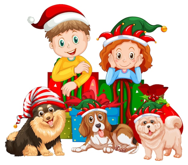 Vector gratuito niños y perros con disfraces navideños.