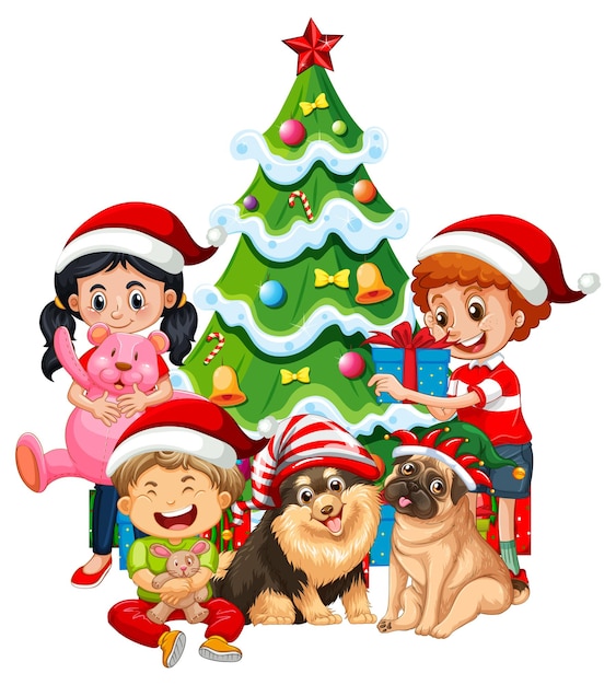 Vector gratuito niños y perros en tema navideño.