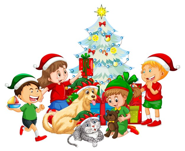 Niños y perros en tema navideño.