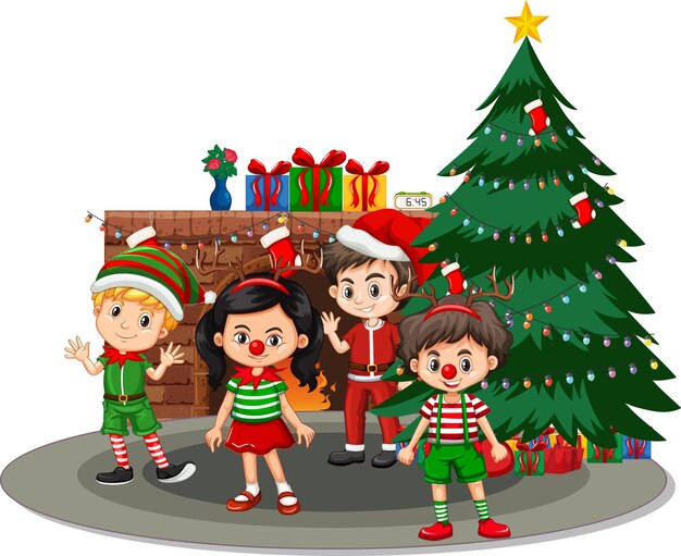 Niños en personajes de dibujos animados de disfraces de Navidad