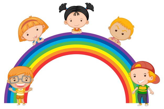 Niños de pie en el arco iris juntos