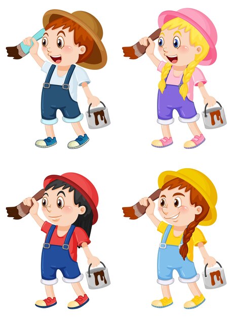 Niños pintores con cubo de arbusto y color