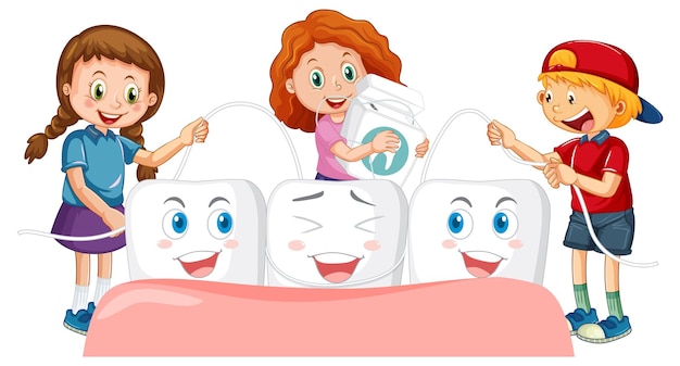 Vector gratuito los niños pule los dientes con hilo dental en backgrou blanco