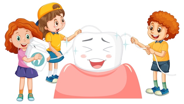 Los niños pule los dientes con hilo dental en backgrou blanco