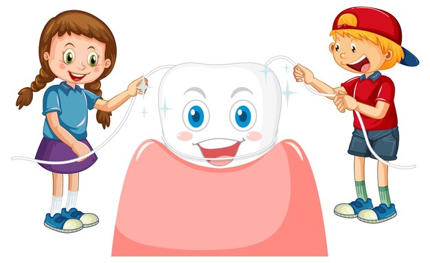 Los niños pule los dientes con hilo dental en backgrou blanco