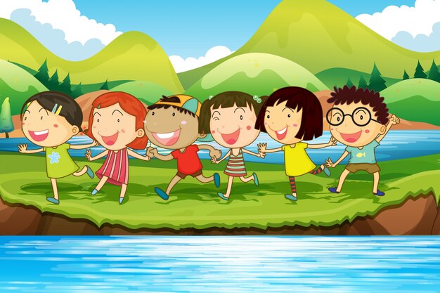 Niños que se divierten en la ilustración del estanque