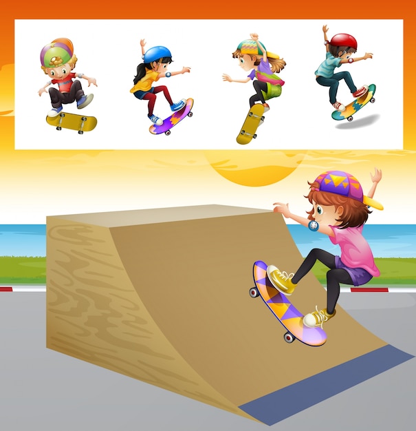 Vector gratuito niños que juegan skatboard en la ilustración de la rampa