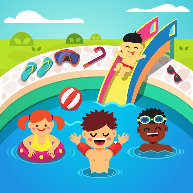 Vector gratuito niños que tienen una fiesta en la piscina. natación feliz