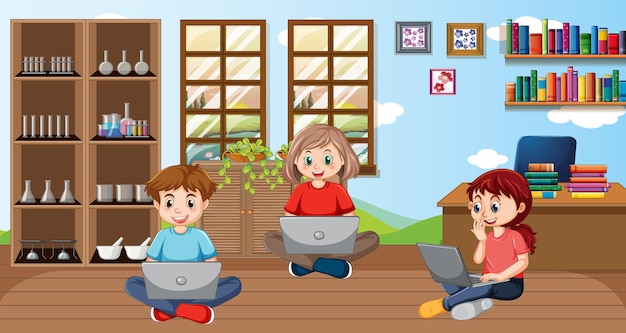 Niños que usan una computadora portátil para aprender en línea