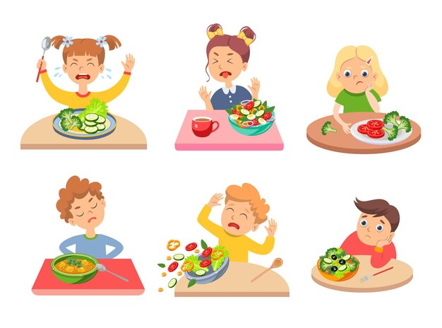 Niños quisquillosos que rechazan la comida sana