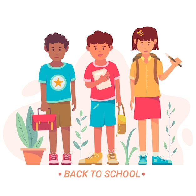 Vector gratuito niños de regreso a la escuela en diseño plano